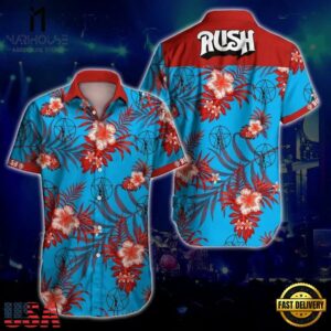Rush Rock Band Red Flowers on Blue Hawaiian Shirt