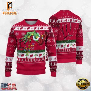 Wisconsin Badgers Merry Christmas Grinch Hand NCAA Ugly Christmas Sweater