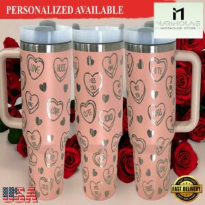 40 oz Valentines Candy Hearts Tumbler with Handle - Laser engraved tumbler with lid and straw - 40oz Tumbler with Handle