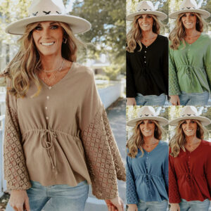 Women's Chiffon Buttoned Hollow Long Sleeve Shirt