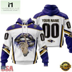 Custom Name And Number NFL Baltimore Ravens Lips All Over Print Hoodie