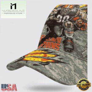 Custom Name And Number NFL Browns Camo Mascot Classic Baseball Cap