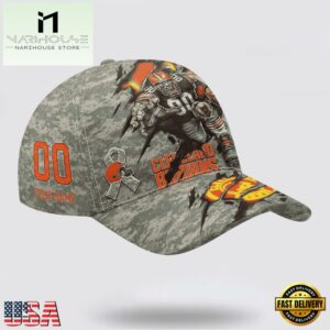 Custom Name And Number NFL Browns Camo Mascot Classic Baseball Cap