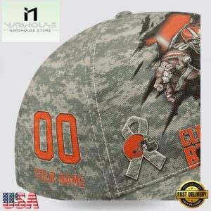 Custom Name And Number NFL Browns Camo Mascot Classic Baseball Cap