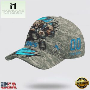 Custom Name And Number NFL Lions Camo Mascot Classic Baseball Cap
