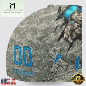 Custom Name And Number NFL Lions Camo Mascot Classic Baseball Cap