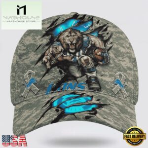 Custom Name And Number NFL Lions Camo Mascot Classic Baseball Cap