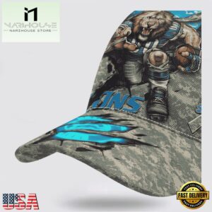 Custom Name And Number NFL Lions Camo Mascot Classic Baseball Cap