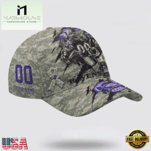 Custom Name And Number NFL Ravens Camo Mascot Classic Baseball Cap