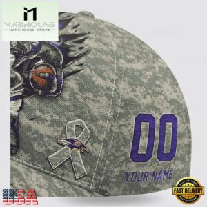 Custom Name And Number NFL Ravens Camo Mascot Classic Baseball Cap