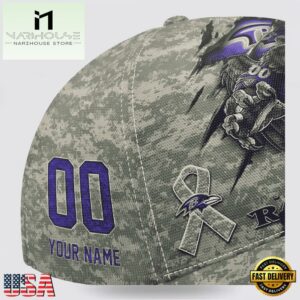 Custom Name And Number NFL Ravens Camo Mascot Classic Baseball Cap