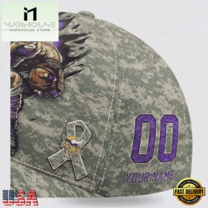 Custom Name And Number NFL Vikings Camo Mascot Classic Baseball Cap