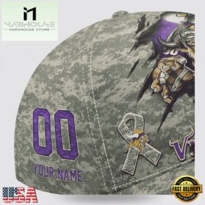 Custom Name And Number NFL Vikings Camo Mascot Classic Baseball Cap