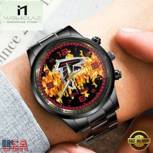 Custom Name Atlanta Falcons NFL 3D Men Black Stainless Steel Watch Gift For Fans