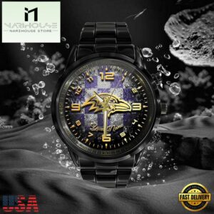 Custom Name Baltimore Ravens NFL 3D Men Black Stainless Steel Watch Gift For Fans