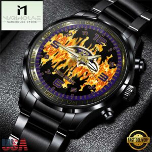 Custom Name Baltimore Ravens NFL 3D Men Black Stainless Steel Watch Gift For Fans
