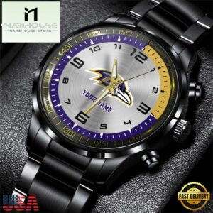 Custom Name Baltimore Ravens NFL Black Stainless Steel Watch Gift For Fans And Dad