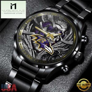 Custom Name Baltimore Ravens NFL Men Black Stainless Steel Watch Gift For Fans