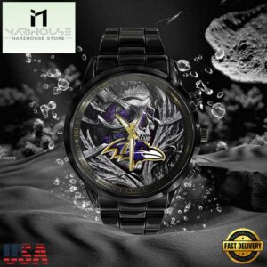 Custom Name Baltimore Ravens NFL Men Black Stainless Steel Watch Gift For Fans