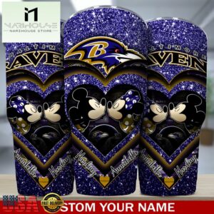 Custom Name Baltimore Ravens NFL Mickey Minnie Couple Valentine Day Tumbler