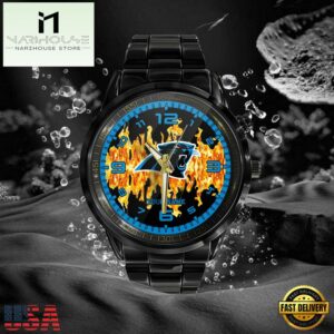Custom Name Carolina Panthers NFL 3D Men Black Stainless Steel Watch Gift For Fans