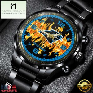 Custom Name Carolina Panthers NFL 3D Men Black Stainless Steel Watch Gift For Fans