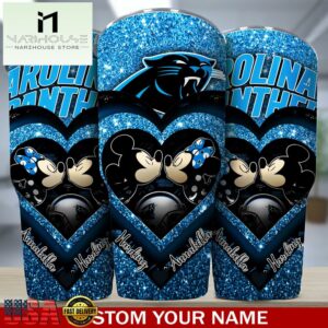 Custom Name Carolina Panthers NFL Mickey Minnie Couple Valentine Day Tumbler