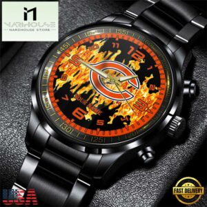 Custom Name Chicago Bears NFL 3D Men Black Stainless Steel Watch Gift For Fans