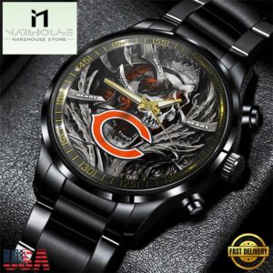Custom Name Chicago Bears NFL Men Black Stainless Steel Watch Gift For Fans