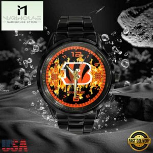 Custom Name Cincinnati Bengals NFL 3D Men Black Stainless Steel Watch Gift For Fans