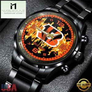 Custom Name Cincinnati Bengals NFL 3D Men Black Stainless Steel Watch Gift For Fans