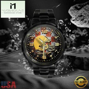 Custom Name Cleveland Browns NFL 3D Men Black Stainless Steel Watch Gift For Fans For Father