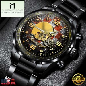 Custom Name Cleveland Browns NFL 3D Men Black Stainless Steel Watch Gift For Fans For Father