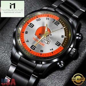 Custom Name Cleveland Browns NFL Black Stainless Steel Watch Gifts For Fans