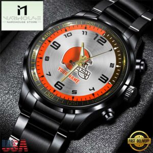Custom Name Cleveland Browns NFL Black Stainless Steel Watch Gifts For Fans