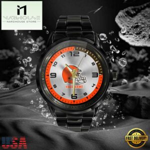 Custom Name Cleveland Browns NFL Black Stainless Steel Watch Gifts For Fans