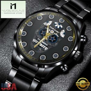 Custom Name Dallas Cowboys NFL Men Black Stainless Steel Watch Gift For Fans