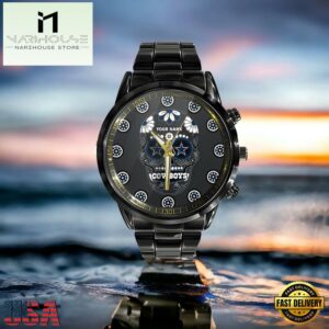 Custom Name Dallas Cowboys NFL Men Black Stainless Steel Watch Gift For Fans