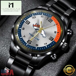 Custom Name Denver Broncos NFL Black Stainless Steel Watch Gifts For Fans
