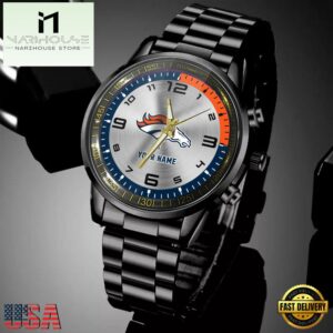 Custom Name Denver Broncos NFL Black Stainless Steel Watch Gifts For Fans