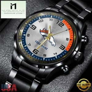 Custom Name Denver Broncos NFL Black Stainless Steel Watch Gifts For Fans