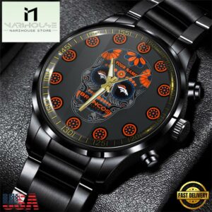 Custom Name Denver Broncos NFL Men Black Stainless Steel Watch Gift For Fans