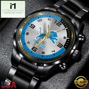 Custom Name Detroit Lions NFL Black Stainless Steel Watch Gifts For Fans