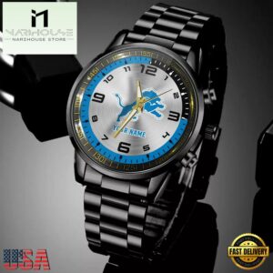 Custom Name Detroit Lions NFL Black Stainless Steel Watch Gifts For Fans