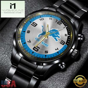 Custom Name Detroit Lions NFL Black Stainless Steel Watch Gifts For Fans
