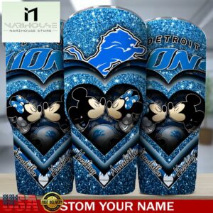 Custom Name Detroit Lions NFL Mickey Minnie Couple Valentine Day Tumbler