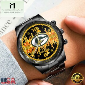 Custom Name Green Bay Packers NFL 3D Men Black Stainless Steel Watch Gift For Fans