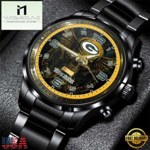 Custom Name Green Bay Packers NFL 3D Men Black Stainless Steel Watch Gift For Fans