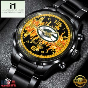 Custom Name Green Bay Packers NFL 3D Men Black Stainless Steel Watch Gift For Fans