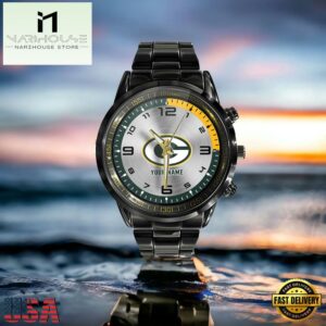 Custom Name Green Bay Packers NFL Black Stainless Steel Watch Gifts For Fans